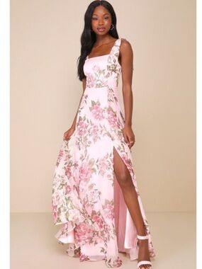 Lulu's Pink Floral Tie-Shoulder Maxi Dress